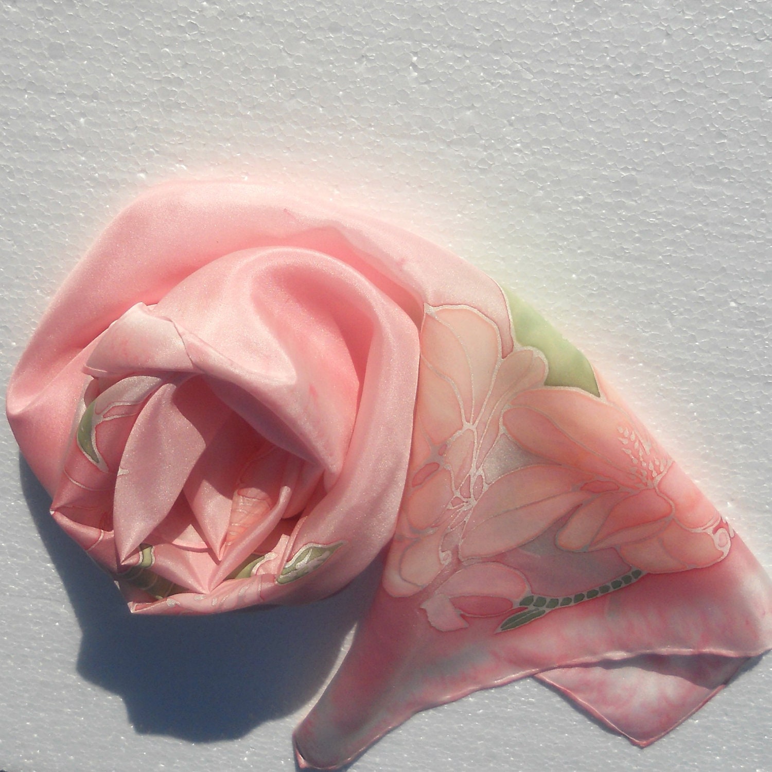 Pastel Pink Magnolia flowers hand painted silk scarf