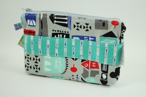Zippered Pouch - Jane Dixon City Scenes About Town in Teal