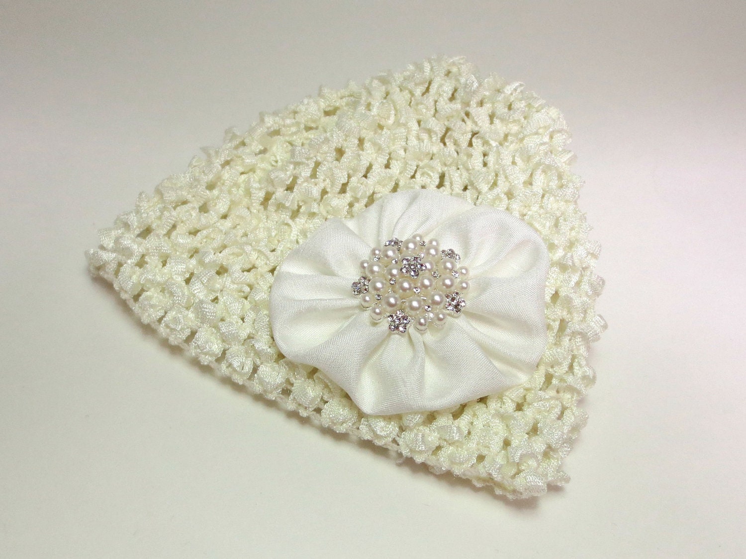 Baby Hat, Infant Hat, Newborn Hat, Ivory Crochet Hat with Rosette Embellishment