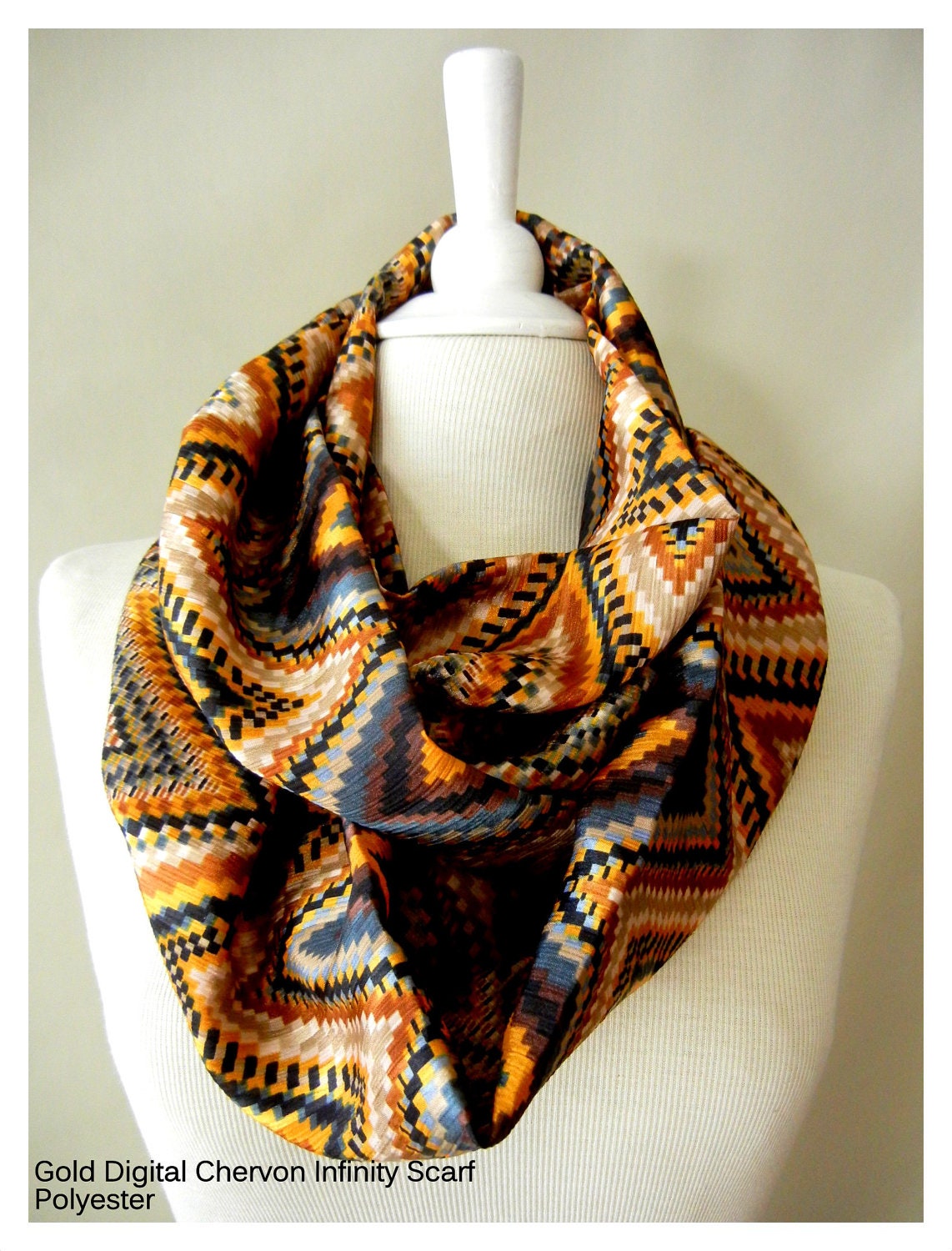 LIX PERLE Gold Digital Chevron Infinity Scarf: Gold, Brown, Black, Dark Navy Blue, 100% polyester circular tube hood infinity scarf