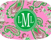 Monogrammed Melamine Platter  PINK and GREEN SCENE