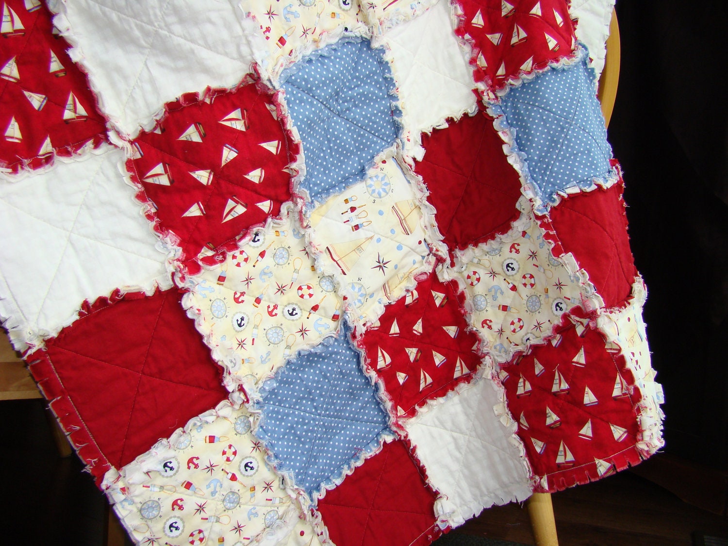 Rag Quilt for Baby Crib - Shabby, Nautical, Sailing, Cream, White, Blue, Red, Sailboats, Anchors