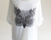 Flowers Owl Cute Animal Style Bat Sleeve Women Shirt White Short Sleeve Oversize Screen Print Free Size