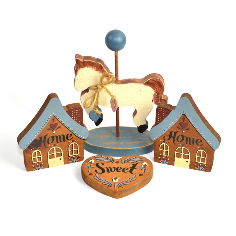 Home Sweet Home Wooden Wall Art with Carousel Horse - Blue and Pink Hand Painted Kitchen Decorations - Vintage Retro Home Decor