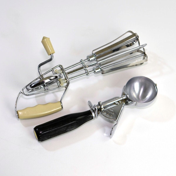 Ice Cream Scoop & Hand Mixer Set - Vintage Kitchen Cooking Utensils, 1950's Style - Home Decor or Use