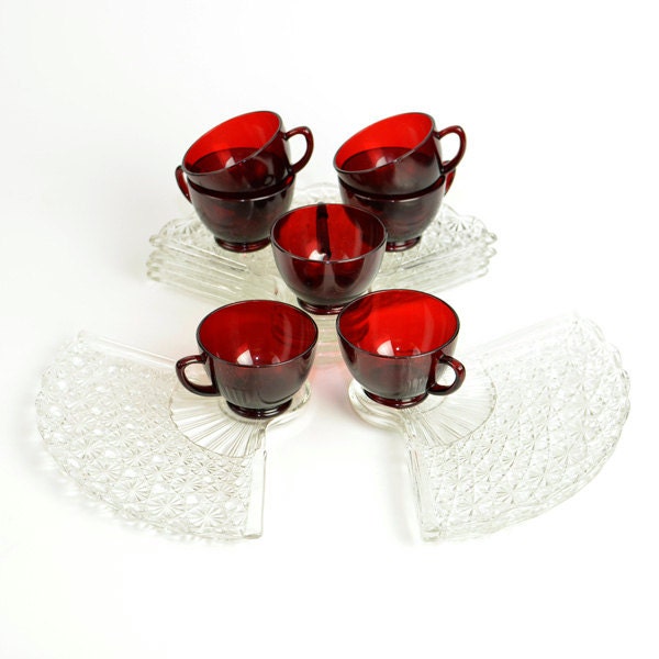 Royal Ruby Cups & Shell Fan Snack Plate Sets by Anchor Hocking - 7 SETS, 14 Pieces - Vintage Home Kitchen Party Decor or Use
