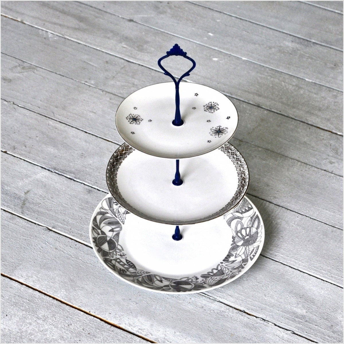 Blue Drift: 3 Tier Cake Stand, Black White Blue, Winter Snowflake Pattern