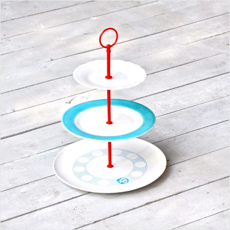 Souvenir: 3 Tier Vintage China Cake Stand, Aqua Blue, White, Orange