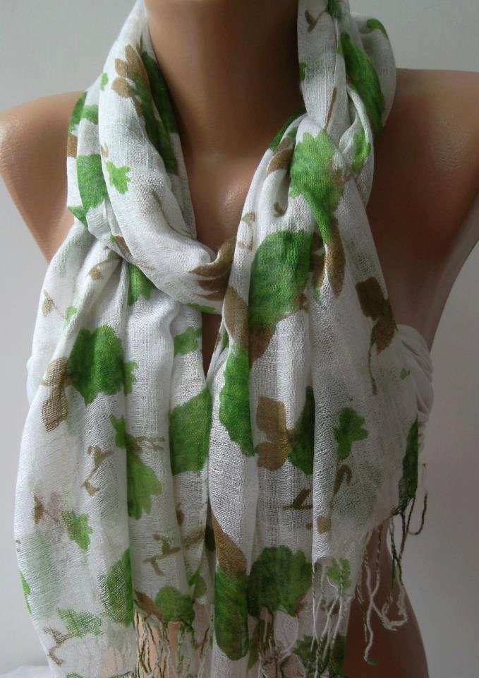 Shawl for Summer /Green Roses - Elegance Shawl / Scarf / soft and light