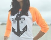 Live Life Anchored Boyfriend Baseball Tee Neon Orange
