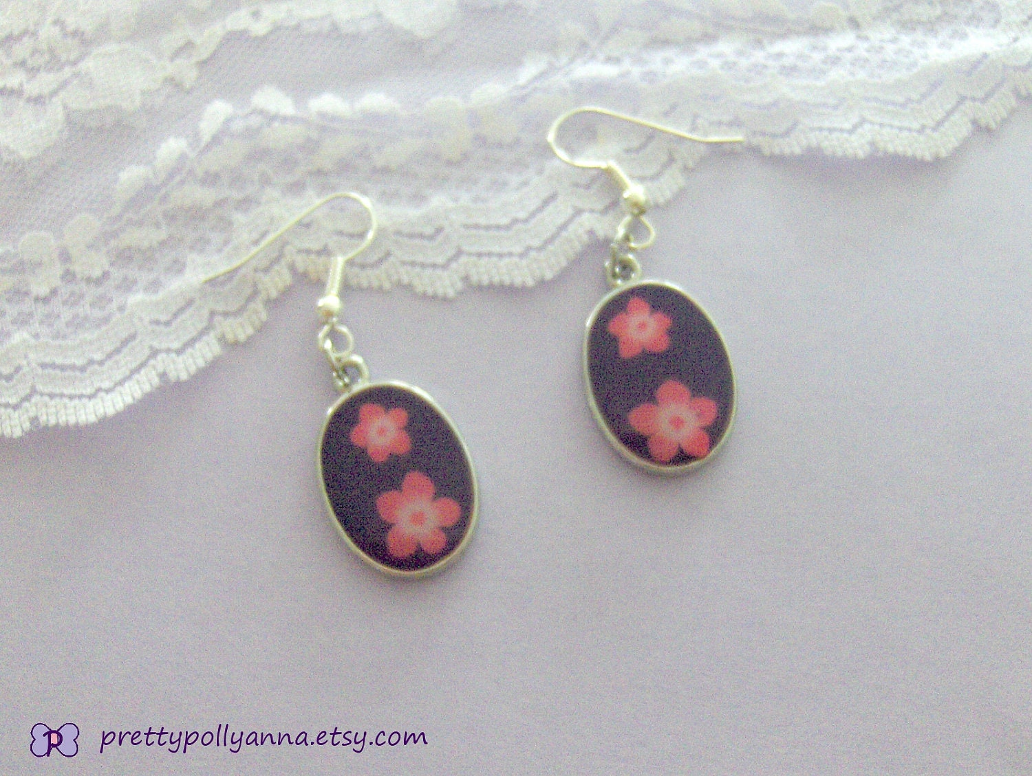 Kitsch Purple Floral Design Japanese Sakura Cherry Blossom Flower Dangle Hook Earrings