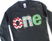 Long Sleeve Birthday Shirt  in Asphalt with chevron pez and green dots 1st Birthday