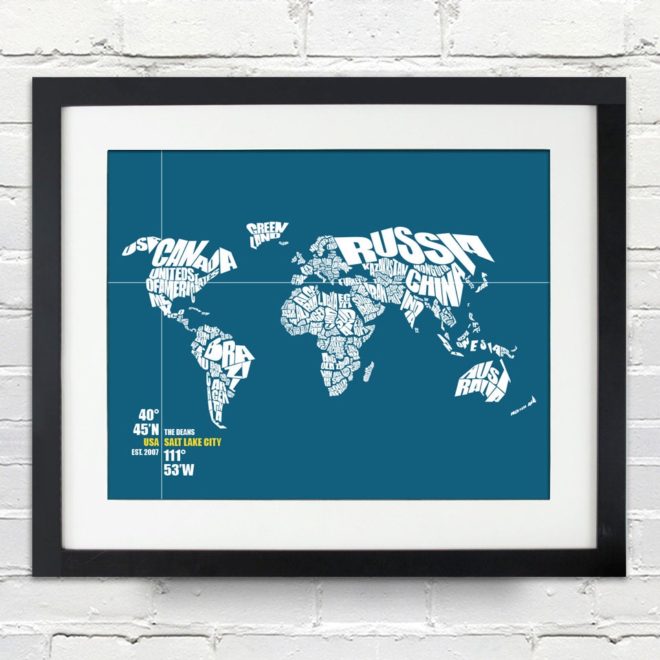 World Word Map - Date & Place with Coordinates - Wedding or Anniversary Gift