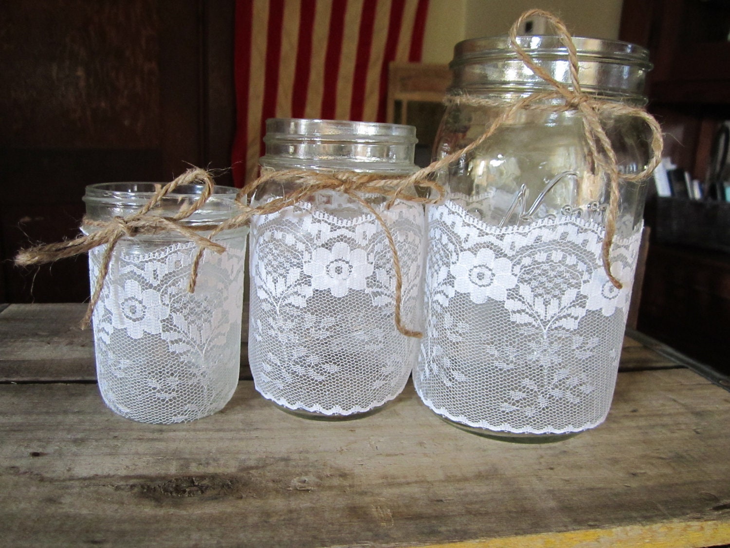 Rustic wedding decor - Mason Jar Lace - Candle Holder - Vase - Wedding Centerpiece - Decor- (Set of 4) - mix and match