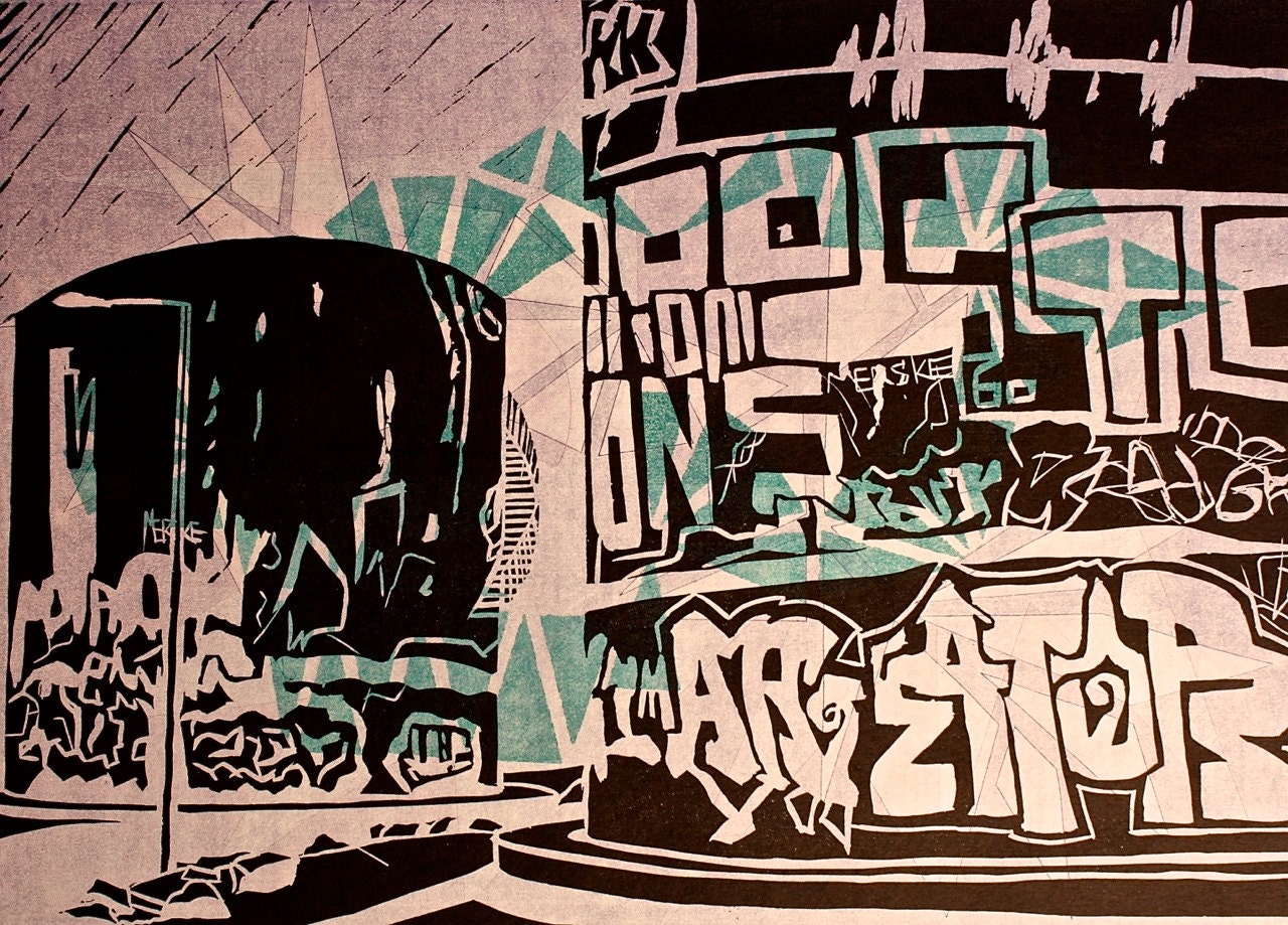 Graffiti Linocut in Purple & Green