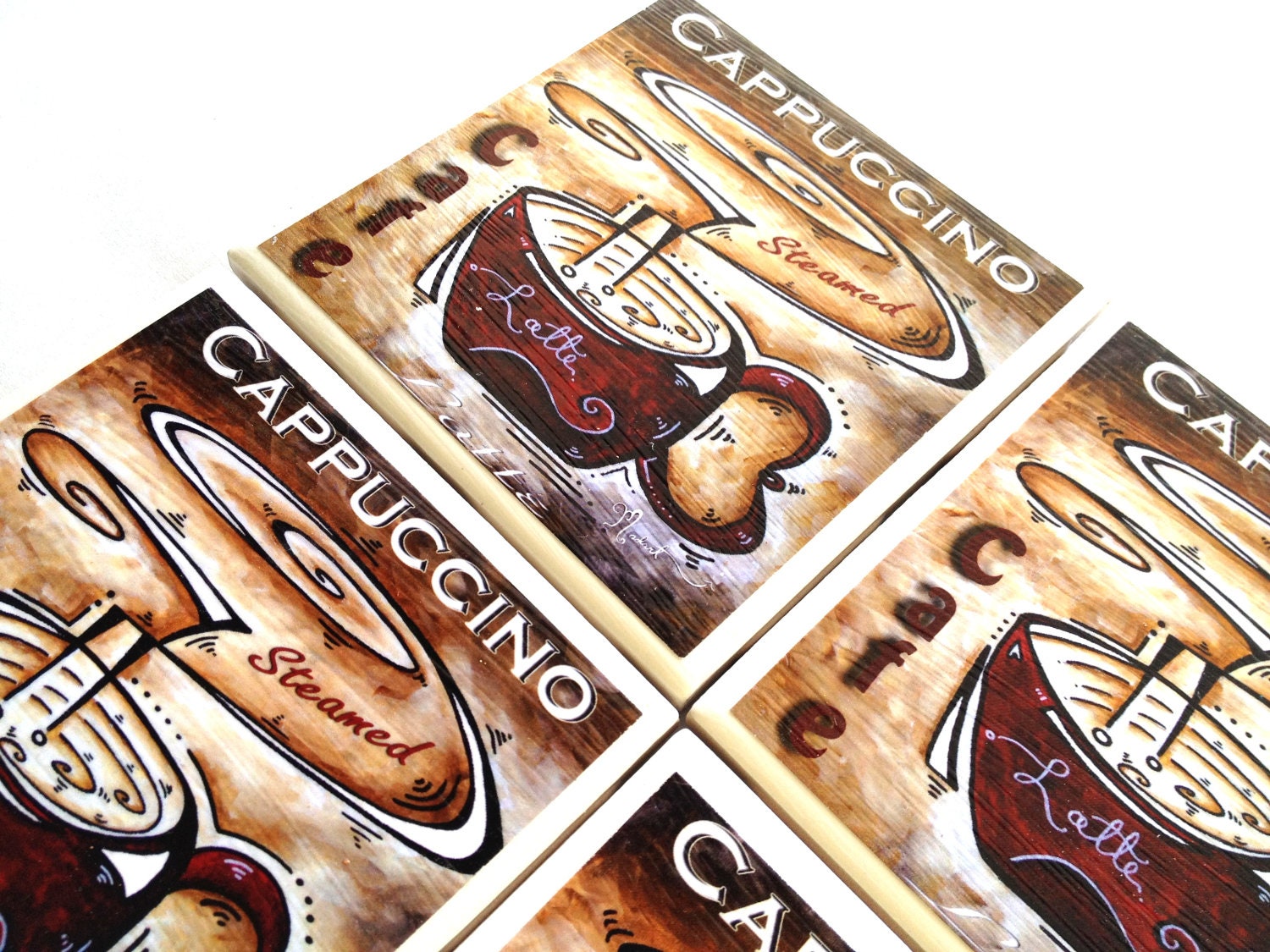 Coffee Coasters, Ceramic Tiles, Cappuccino, Mocha, Latte, MADART Coffeehouse, Table Drink Set,
