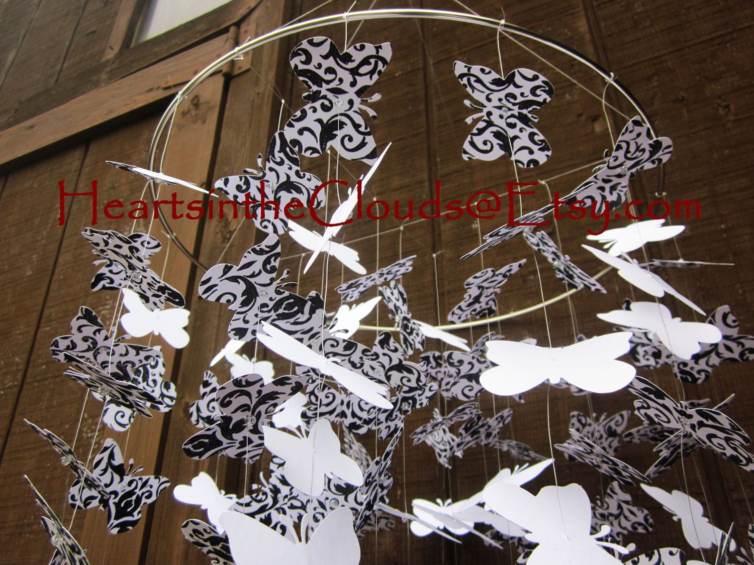 Butterfly Mobile Shabby Chic Home Decor Bedroom Baby Girl Nursery Girls Room Damask Black and White Custom Christmas