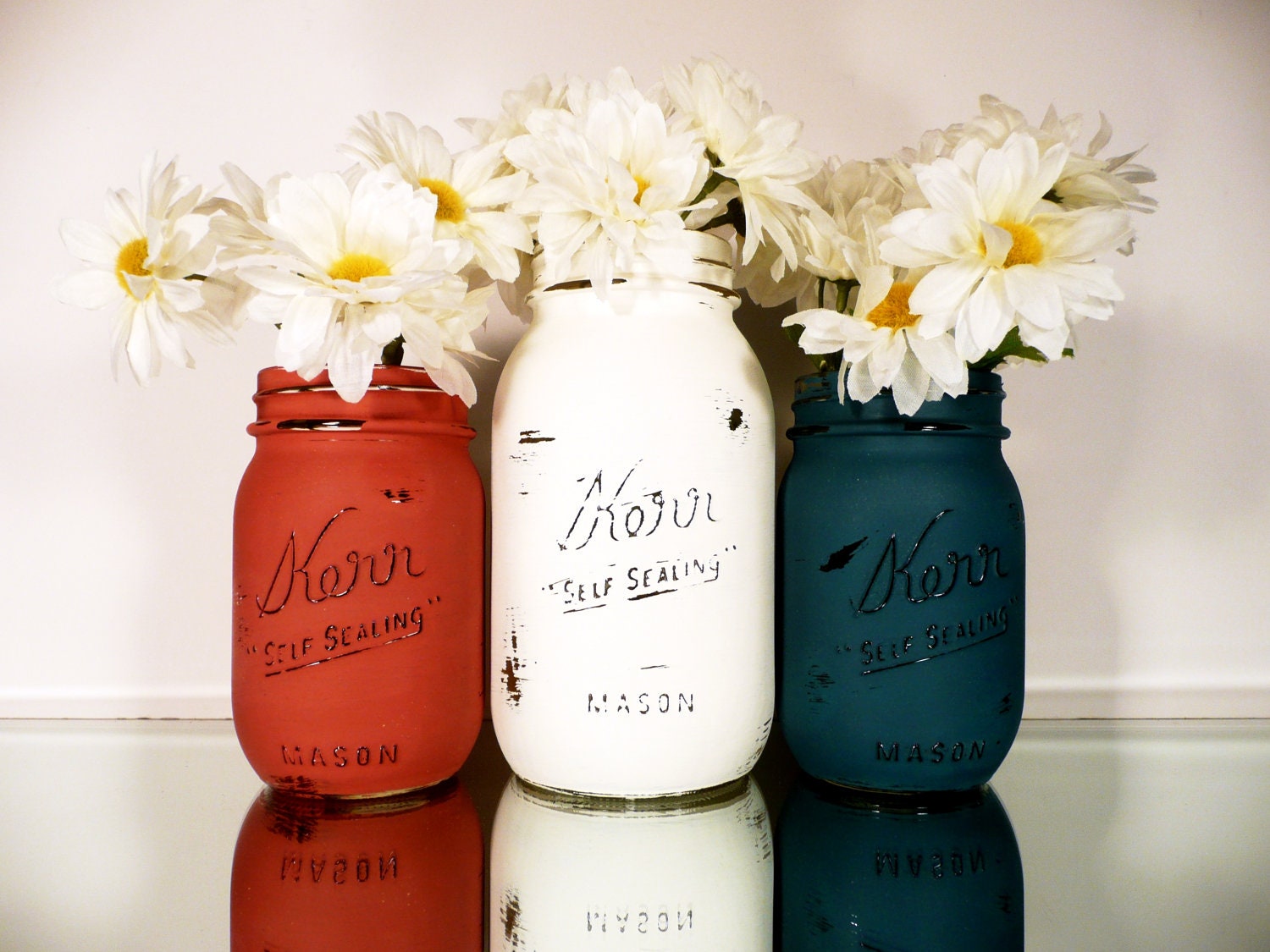 USA Red, White, Blue Painted Mason Jars - Vase - Shabby Chic and Distressed