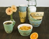Ceramic stoneware breakfast set cup mug bowl - unique handmade decorative textured kitchen pottery modern - tea coffee juice cereal - green