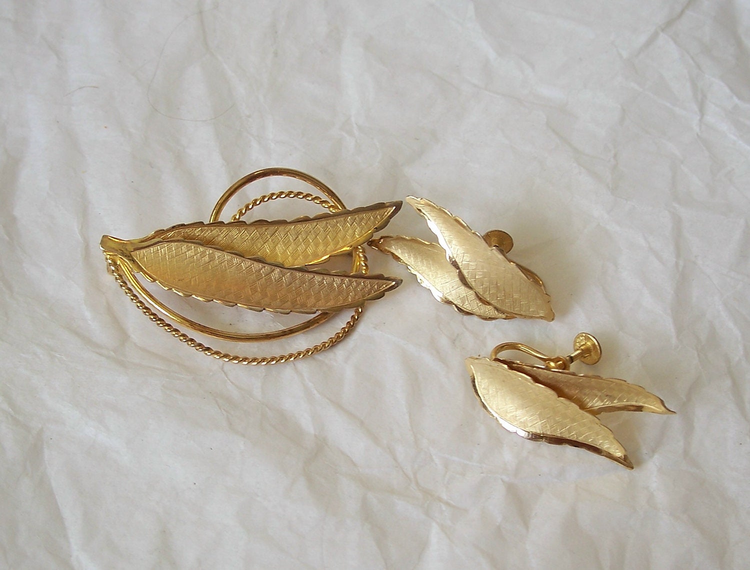 Vintage Gold Vermeil Sterling Silver Leaf Brooch Earrings