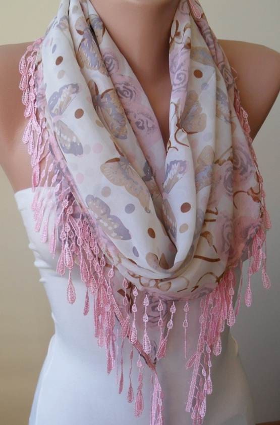 NEW - Roses and Butterflies - Light Pink - Beige - Silk - Chiffon Scarf with Pink Trim Edge