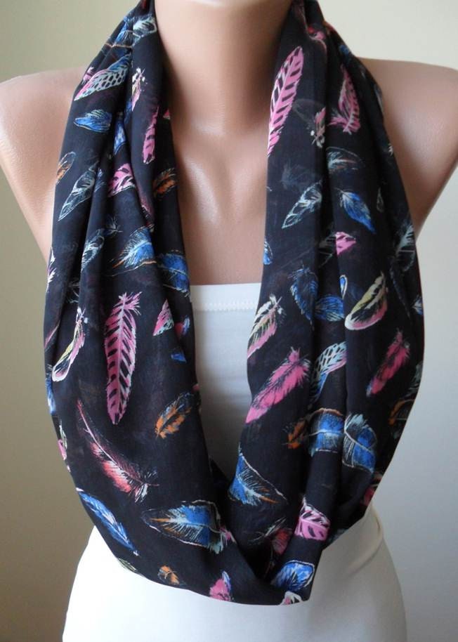 Valentines Day - Infinity Scarf - Circle Scarf - Loop Scarf - Black Scarf with Colorful Feathers