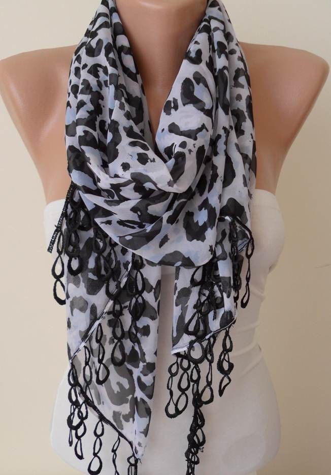 New - Black and White- Leopard - Silk - Chiffon with Trim Edge
