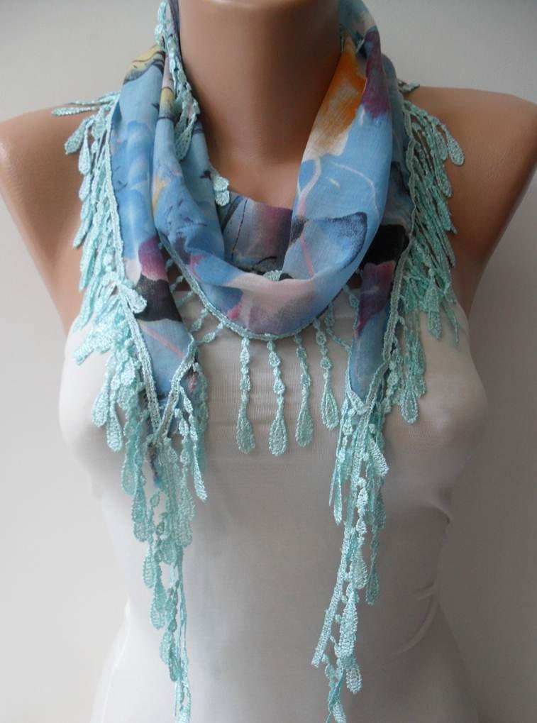 New - Blue Flowered Scarf with Blue Trim Edge - Summer Colors - New