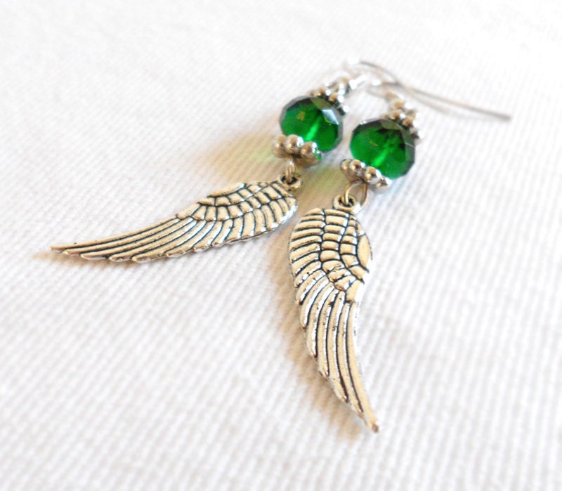 CLEARANCE Victorian Emerald Angel Wing Earrings - Vintage Inspired Antique Silver Wing Charms & Czech Glass Green Rondelles - Casual Chic