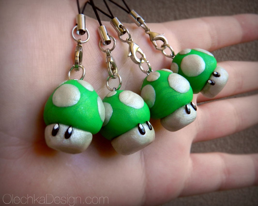 Nintendo Super Mario 1UP Green Mushroom, Keychain, Charm with Phone Strap, Polymer Clay