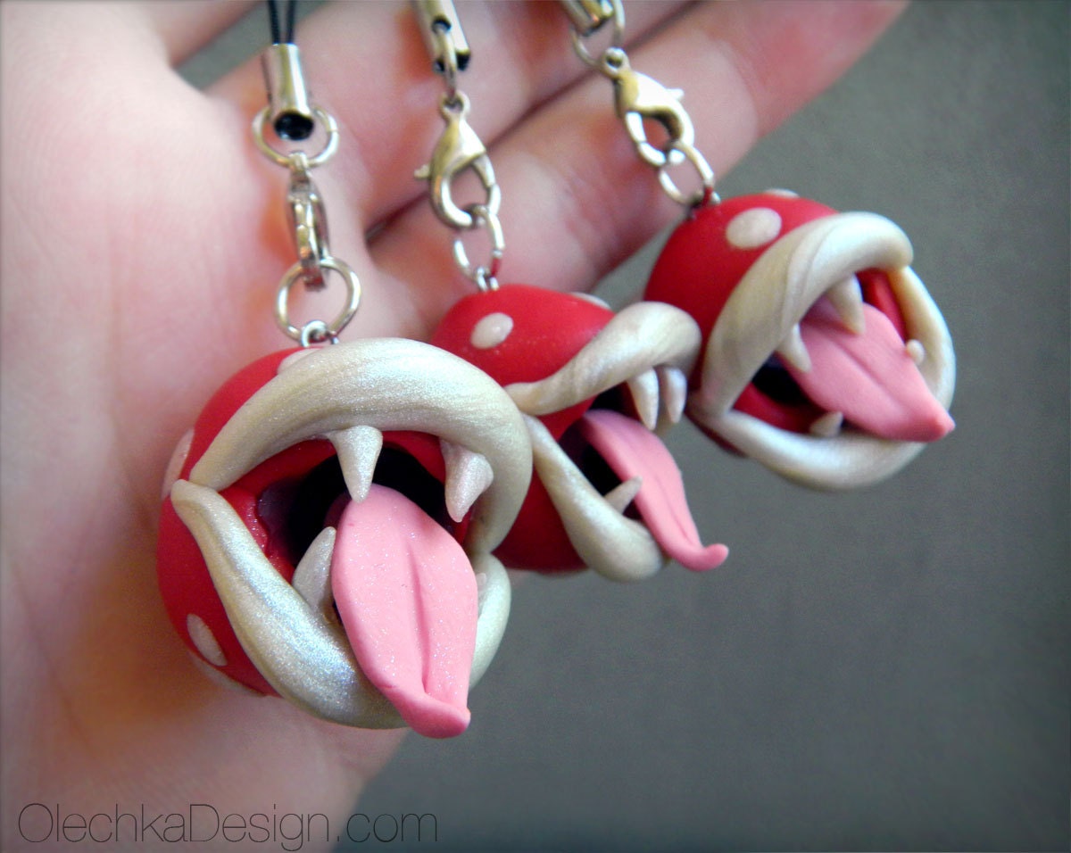 Piranha Plant Charm Mario Bros Geek Ornament, Polymer Clay