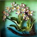 Clay flowers on oil painting, orchid, unique mixed media, 9x9