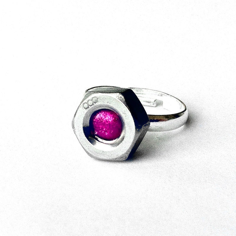 Hot Pink Nut Ring Stainless, Hex Nut Ring, Adjustable Womens Silver Ring, Stainless Steel Ring, Hot Pink Ring, industrial Silver Ring