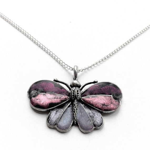 Purple Butterfly Necklace, Pink Butterfly Pendant, Silver Jewelry, Silver Butterfly Pendant Necklace, Butterfly Jewelry, Butterflies