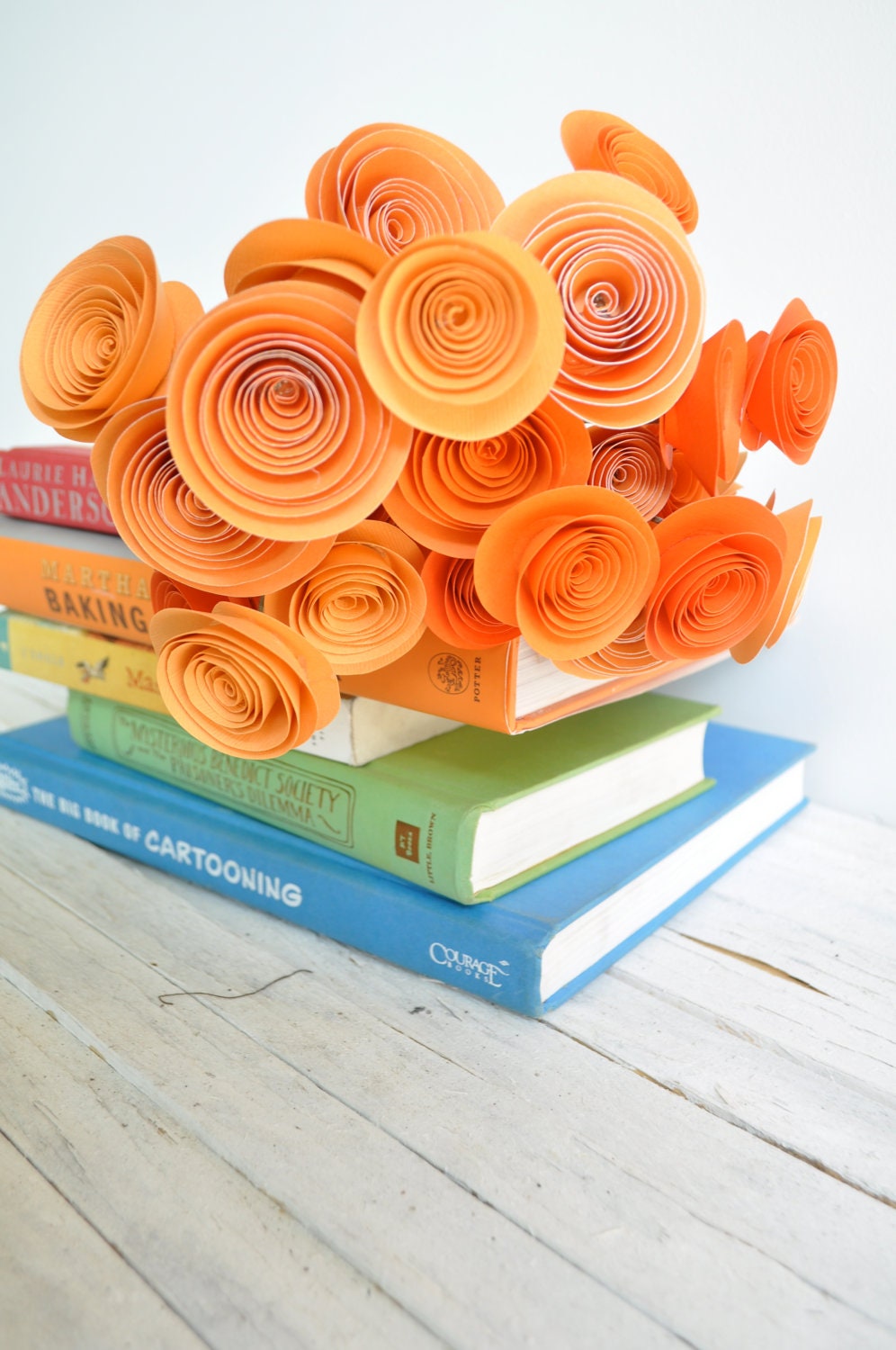 24 Orange Paper Flowers on Stems- Bouquet of Paper Flowers- Orange Wedding Decor