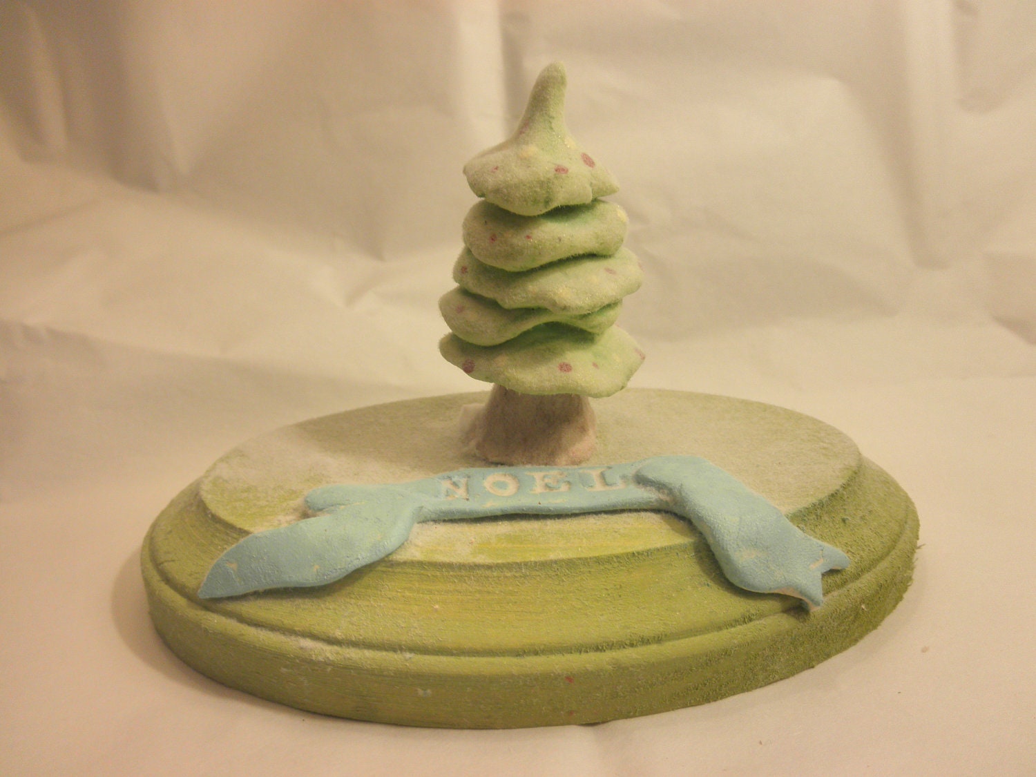 Christmas tree decoration, cake topper, handformed clay on wooden base, Noel, flocked tree
