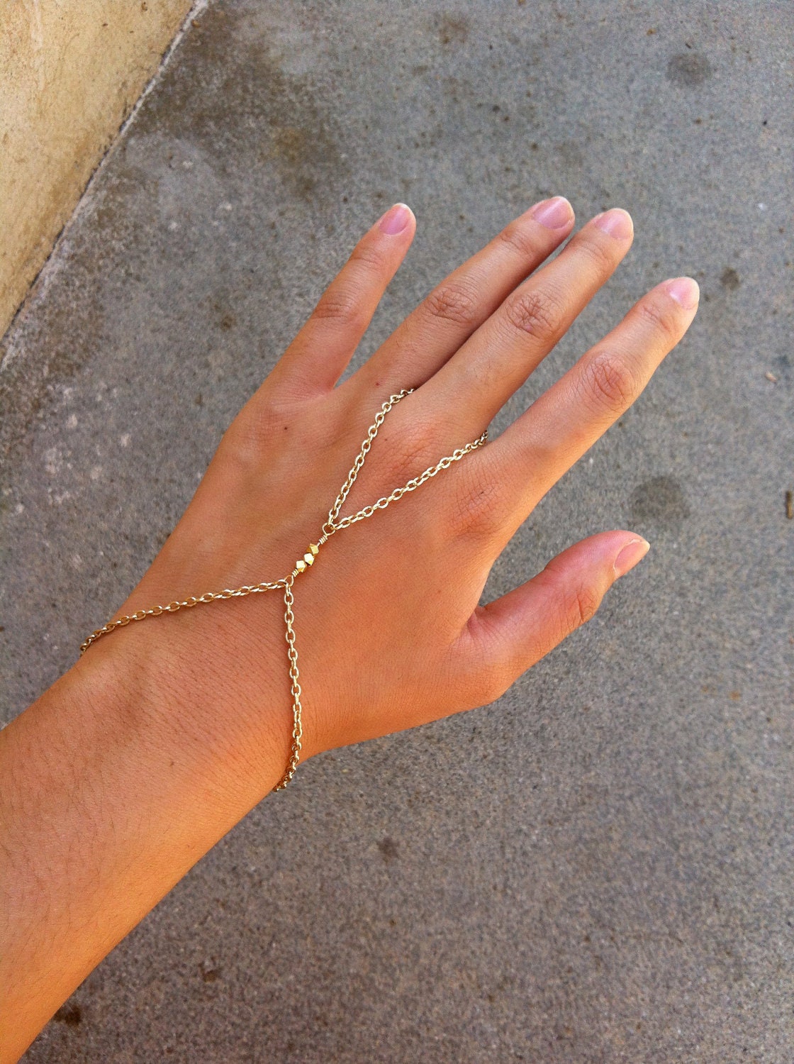 22K Shiny Gold 3 Nugget Bead Hand Chain Slave Bracelet Harness