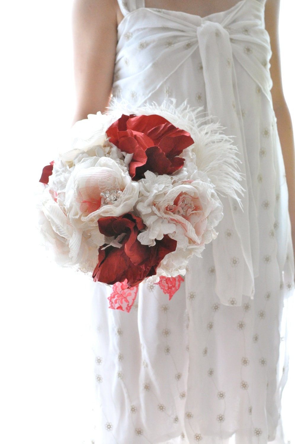 Red and white paper and fabric flower bouquet, red and white wedding bouquet of paper flowers