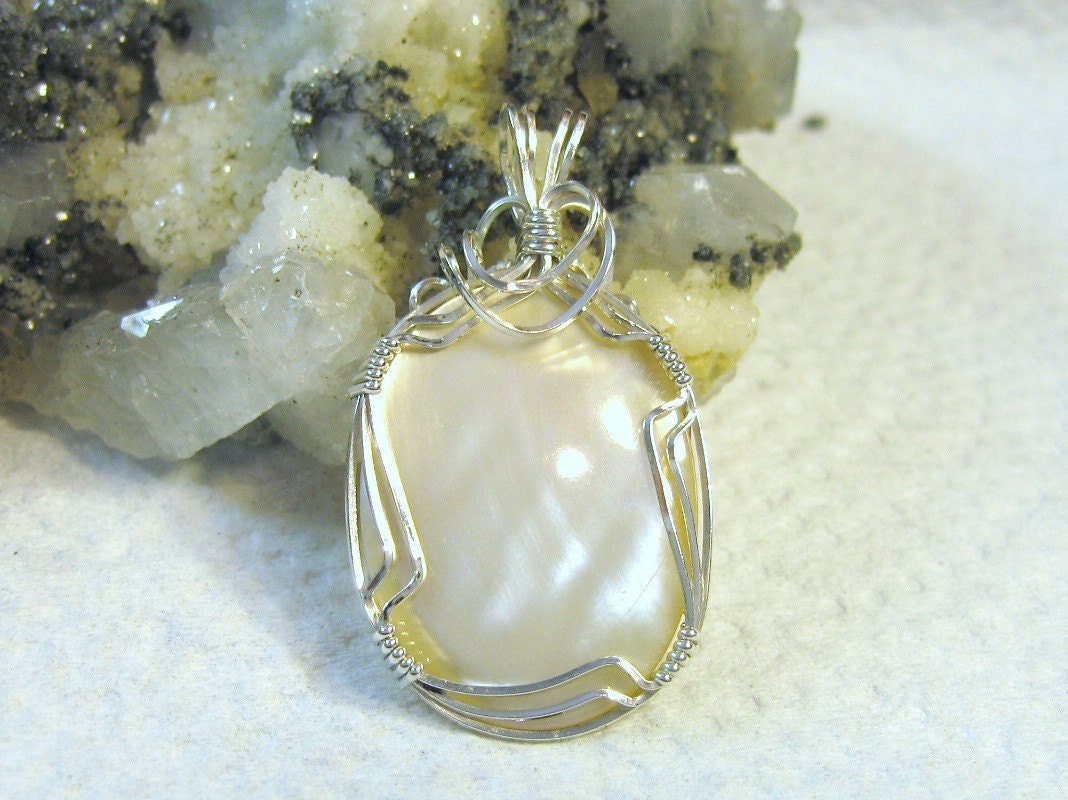 Mother of Pearl White Pendant Solid Sterling Silver 930 Wire Wrapped in Argentium Anti Tarnish wire