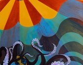 Original Fine Art "Leviathan"- Free Shipping -Acrylic Paint 24x36" with .5" Edge Canvas Octopus Pop Art Style