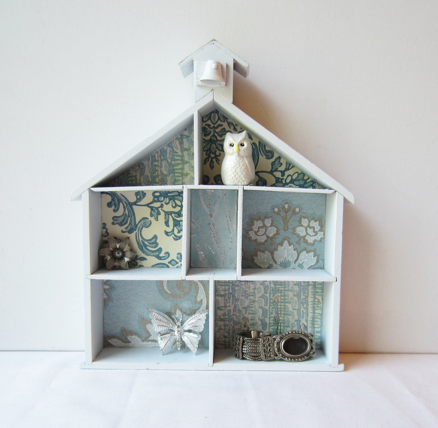 Jewelry Holder Display Organizer Shelf - Chapel Shaped with Blue & Silver Vintage Wallpaper