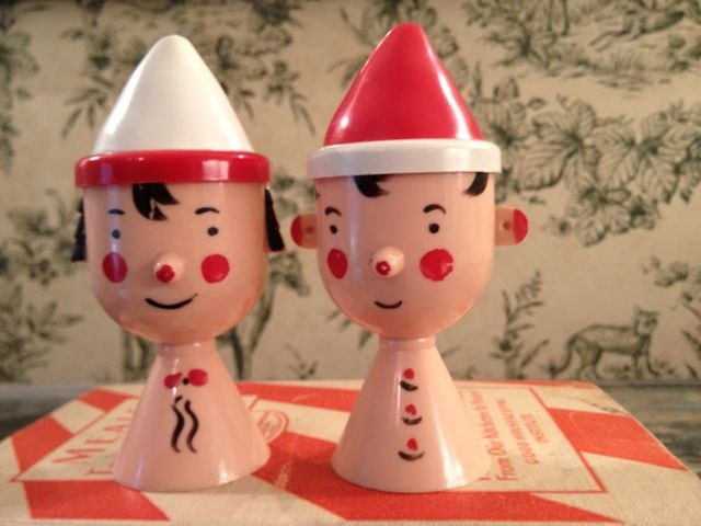 Plastic Salt and Pepper Shakers - Boy and Girl Heads With Red and White Hats