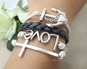 Silvery Cross & Anchor ,Love  Cuff Bracelet, Black leather cord,white cotton cord made of  Silver alloy jewelry  Fashion Bangle LB524