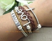 Silvery Cross & Love  Cuff Bracelet  Brown and White Leather Bracelet Silver alloy jewelry  Fashion Bangle LB534
