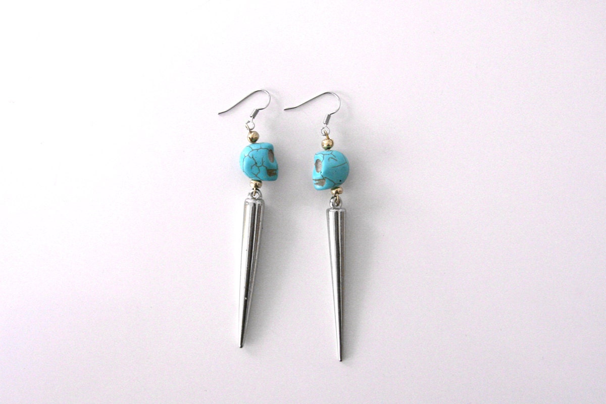 Skull Dangle Earrings, Silver and Turquoise, Gold and Coral