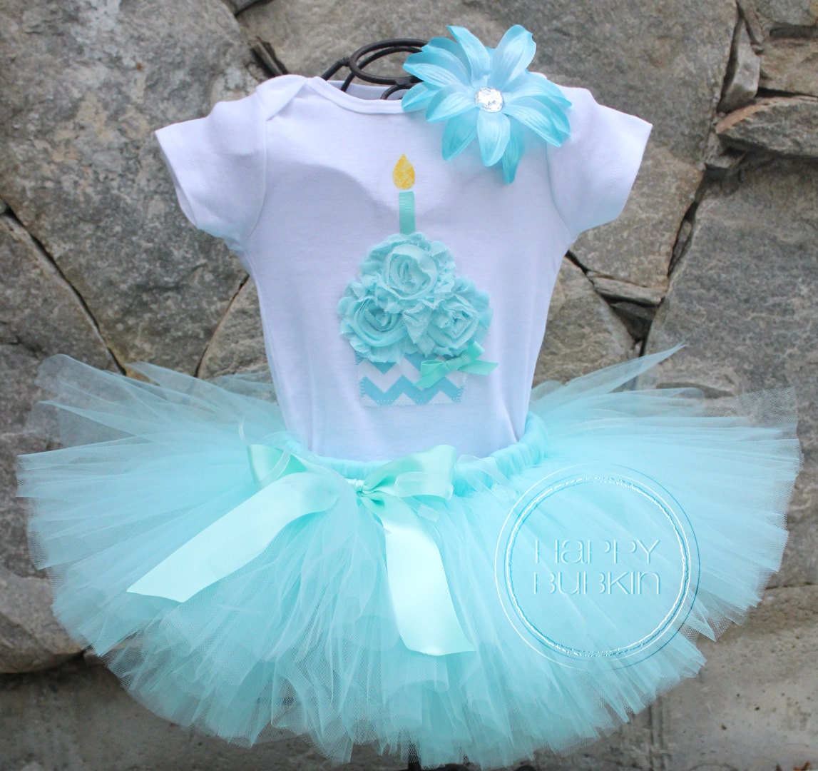 AQUA CHEVRON SET--Birthday Girl Tutu Skirt and Cupcake Onesie Set with Free Flower Clip, Newborn,1st, 2nd, 3rd, 4th, 5th Birthday