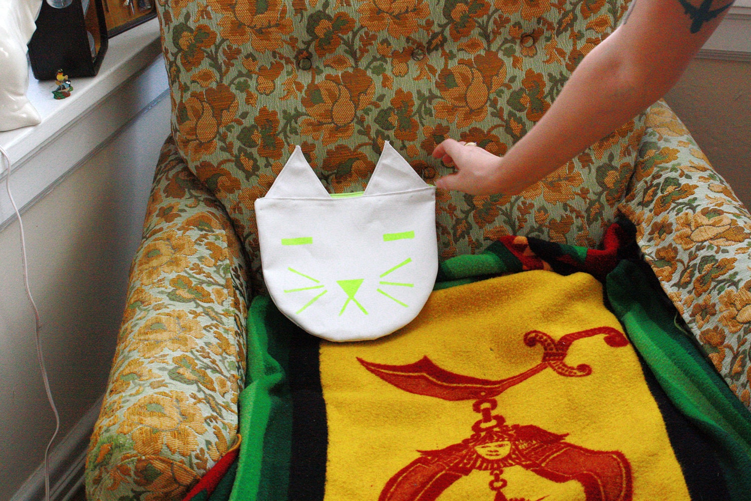 White and Neon Green Cat Carry-All Pouch