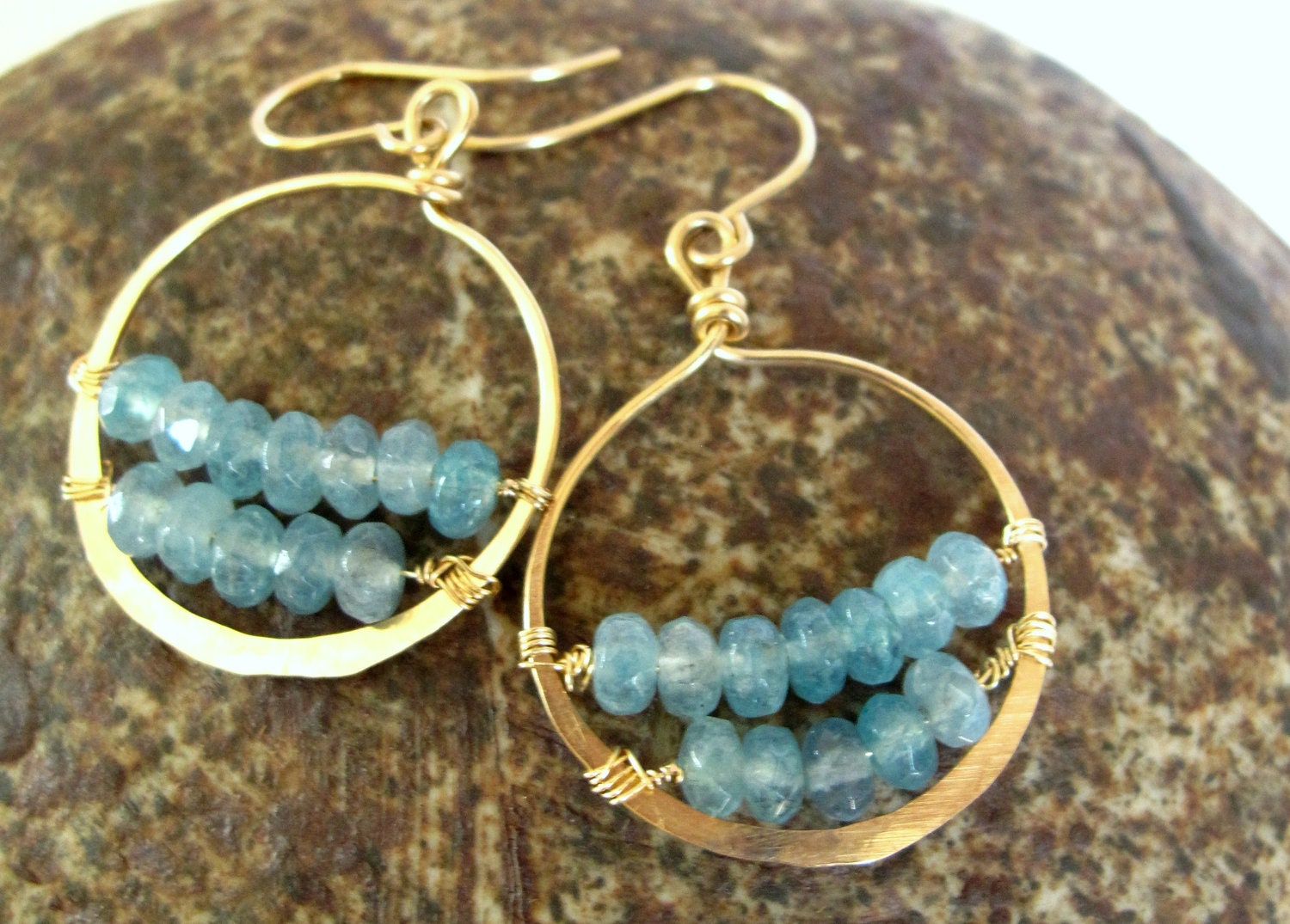 Gold Aquamarine Hoops Hammered Wire Wrapped Jewelry