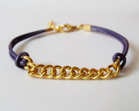 Violet Leather Chain Bracelet - Dark Purple Leather Bracelet with Gold Chain