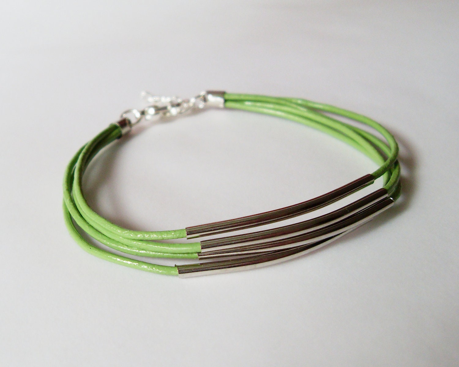 Silver Tube Leather Bracelet - 4 Strand Olive Green Leather Strap Bracelet with Silver Color Brass Tube